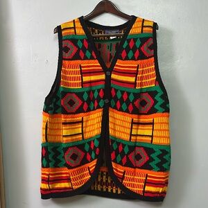 Vintage 1990s Knit Ethnic Print V-Neck Long Length Sweater Vest